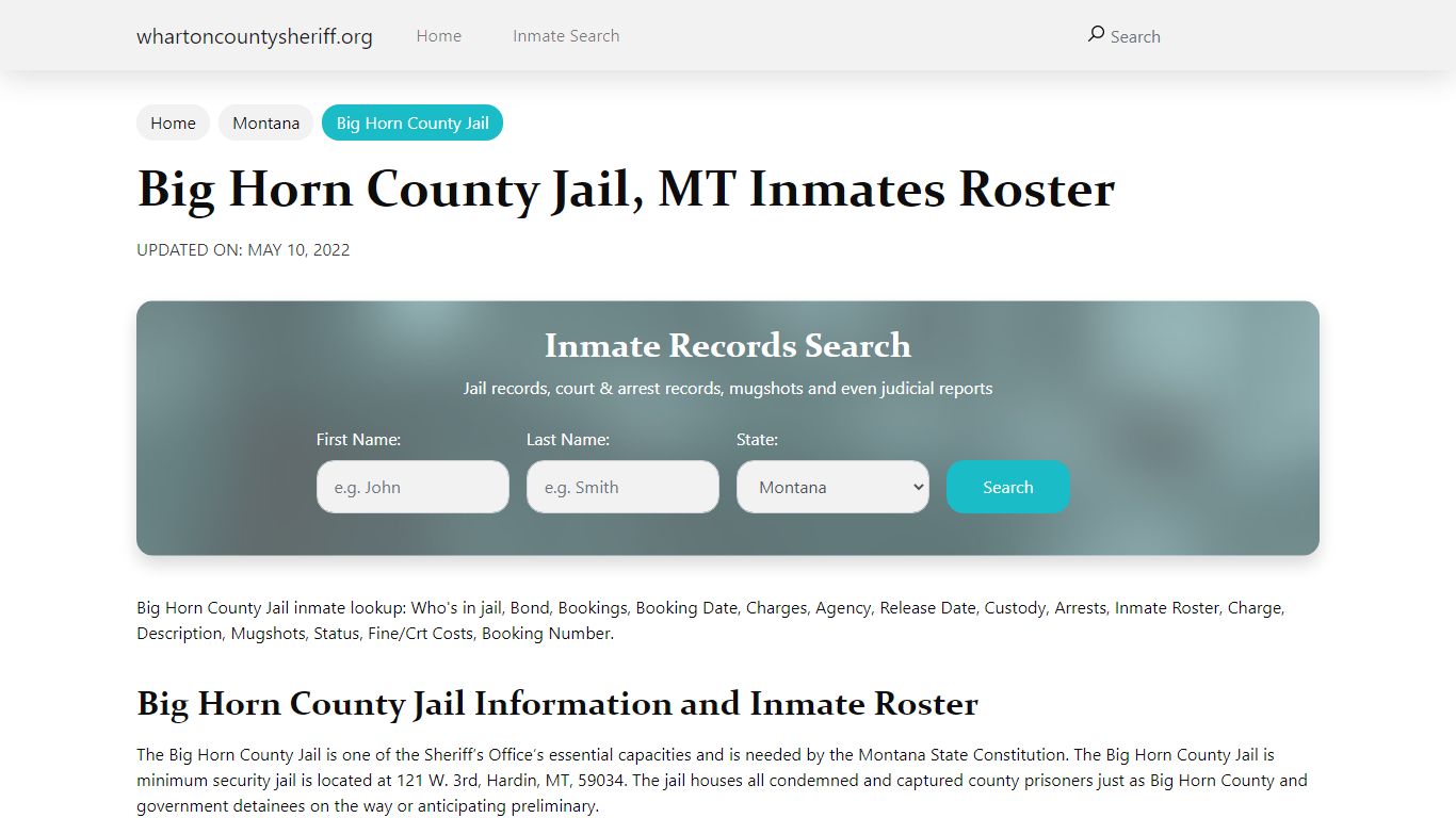 Big Horn County Jail, MT Jail Roster, Name Search